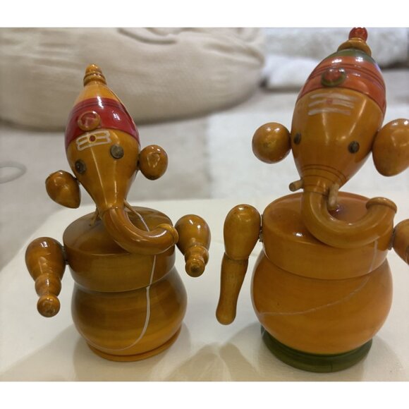 Wooden Indian Elephant Ganesha Set Of 2 Handcrafted Wooden Ganapathi - Picture 2 of 14